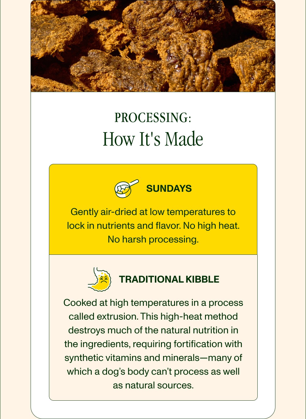 Processing: How It's Made Sundays Gently air-dried at low temperatures to lock in nutrients and flavor. No high heat. No harsh processing....