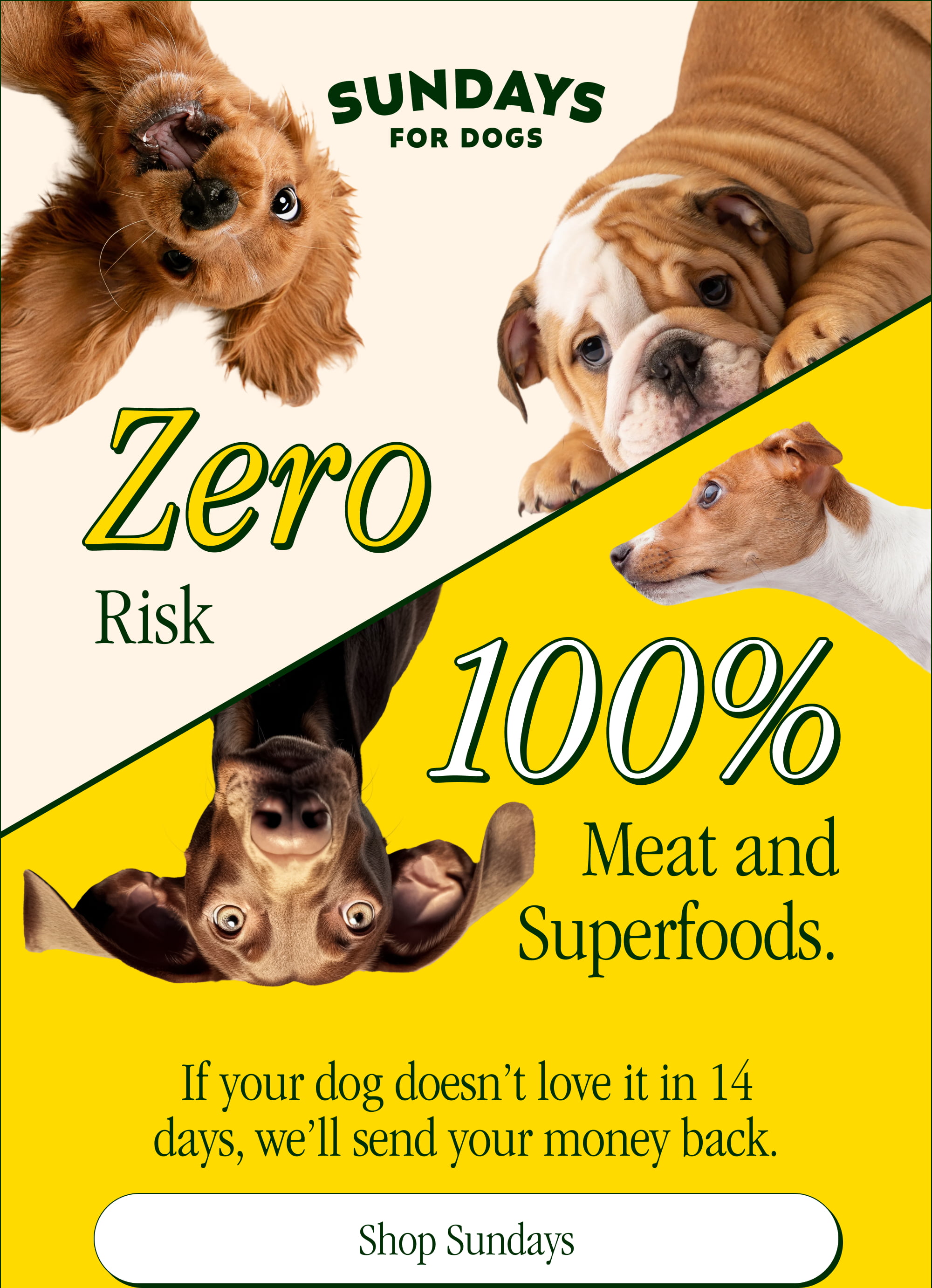 Zero Risk 100% Meat and Superfoods. If your dog doesn’t love it in 14 days, we’ll send your money back. Shop Sundays