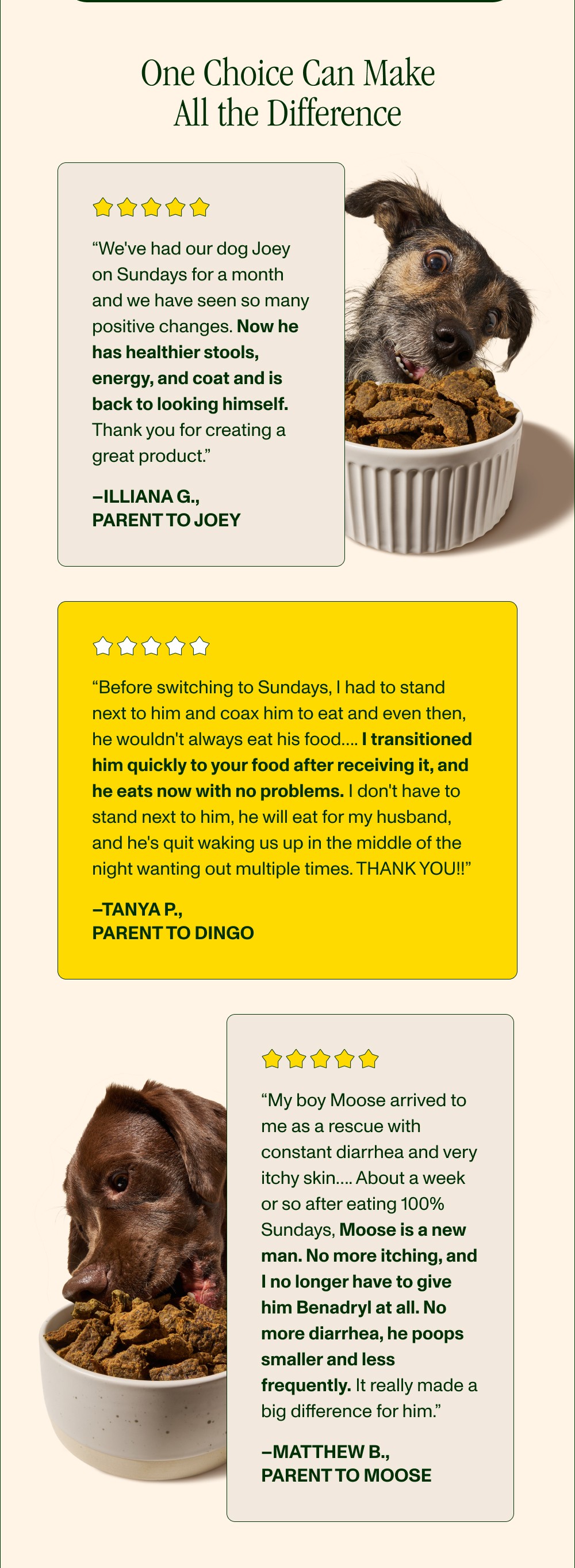 You are here Soon to be here Shop Their “After” One Choice Can Make All the Difference “We've had our dog Joey on Sundays for a month and we have...