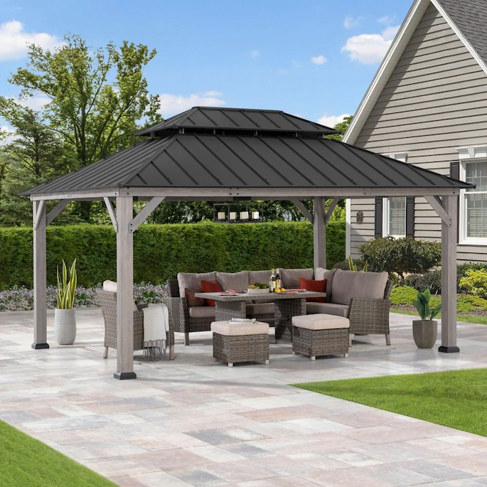 SUNJOY 12x16 Wooden Gazebo with 2-tier Metal Roof and Ceiling Hook