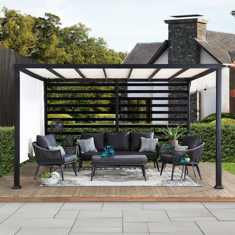SUNJOY 10x12 Steel Pergola Kit with White Adjustable Canopy and Privacy Wall