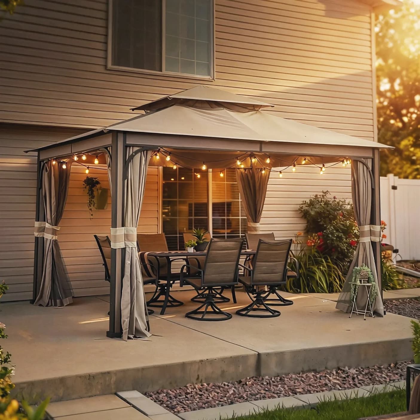 SUNJOY Outdoor Patio Steel Frame 11x13 Gazebo 2-Tier Soft Top Gazebo with Netting and Curtains - Light Gray
