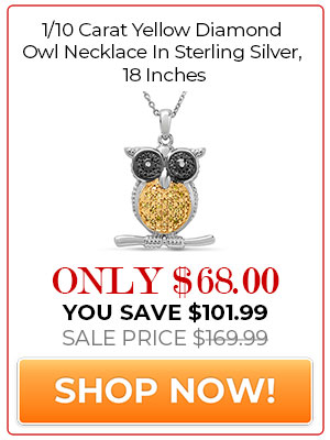 1/10 Carat Yellow Diamond Owl Necklace In Sterling Silver, 18 Inches