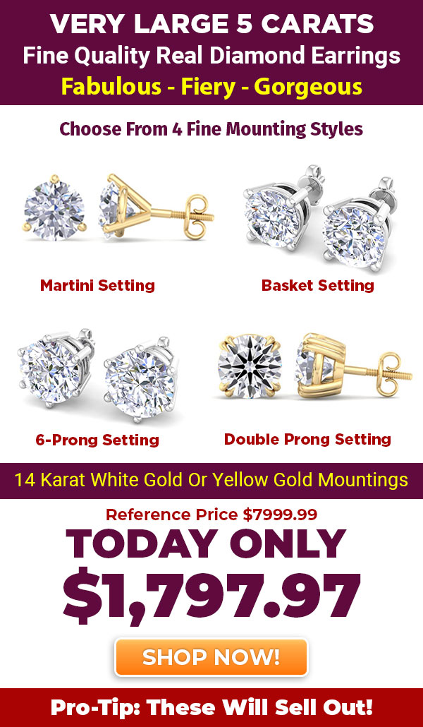 Fabulous 5 Carat Real Diamond Stud Earrings