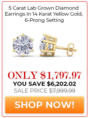 5 Carat Lab Grown Diamond Earrings In 14 Karat Yellow Gold, 6-Prong Setting
