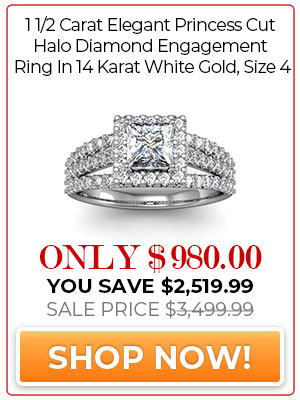 1 1/2 Carat Elegant Princess Cut Halo Diamond Engagement Ring In 14 Karat White Gold, Size 4