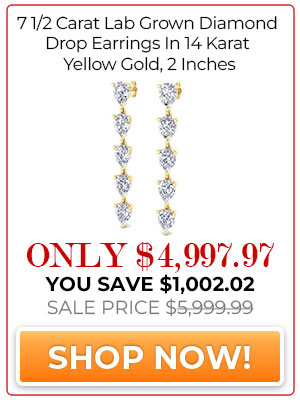 7 1/2 Carat Lab Grown Diamond Drop Earrings In 14 Karat Yellow Gold, 2 Inches