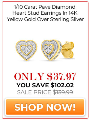 1/10 Carat Pave Diamond Heart Stud Earrings In 14K Yellow Gold Over Sterling Silver