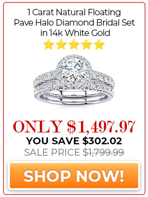 1 Carat Natural Floating Pave Halo Diamond Bridal Set in 14k White Gold