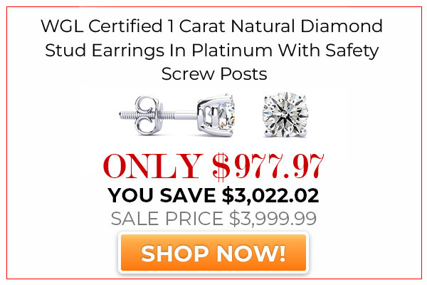 WGL Certified 1 Carat Natural Diamond Stud Earrings In Platinum With Safety Screw Posts