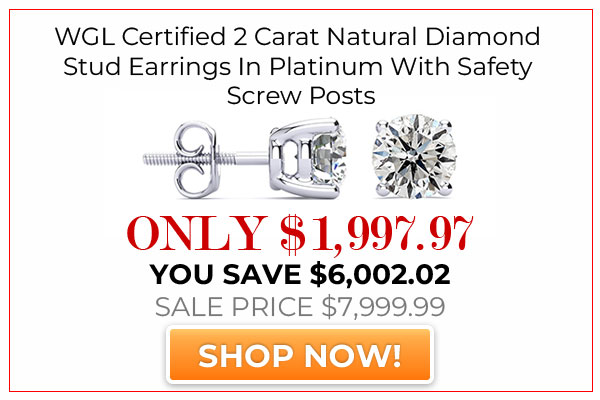 WGL Certified 2 Carat Natural Diamond Stud Earrings In Platinum With Safety Screw Posts