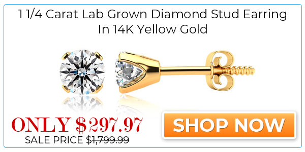 1 1/4 Carat Lab Grown Diamond Stud Earring In 14K Yellow Gold. Amazing Clarity. Totally Eye Clean SI Clarity.