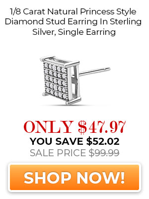 1/8 Carat Natural Princess Style Diamond Stud Earring In Sterling Silver, Single Earring