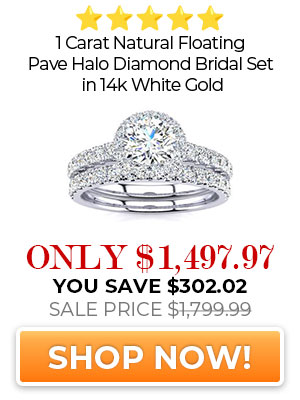1 Carat Natural Floating Pave Halo Diamond Bridal Set in 14k White Gold