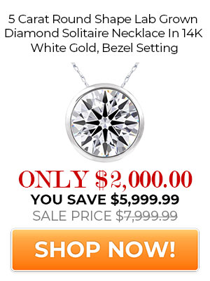 5 Carat Round Shape Lab Grown Diamond Solitaire Necklace In 14K White Gold, Bezel Setting