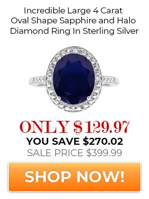 Incredible Large 4 Carat Oval Shape Sapphire and Halo Diamond Ring In Sterling Silver
