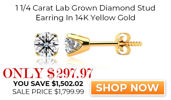 1 1/4 Carat Lab Grown Diamond Stud Earring In 14K Yellow Gold. Amazing Clarity. Totally Eye Clean SI Clarity. First Time Offer! Lowest Price Anywhere
