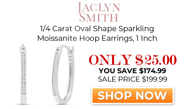 Jaclyn Smith Exclusive 1/4 Carat Oval Shape Sparkling Moissanite Hoop Earrings, 1 Inch