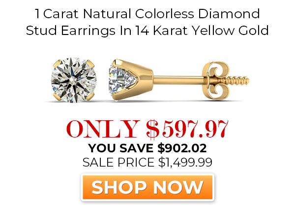 1 Carat Natural Colorless Diamond Stud Earrings In 14 Karat Yellow Gold