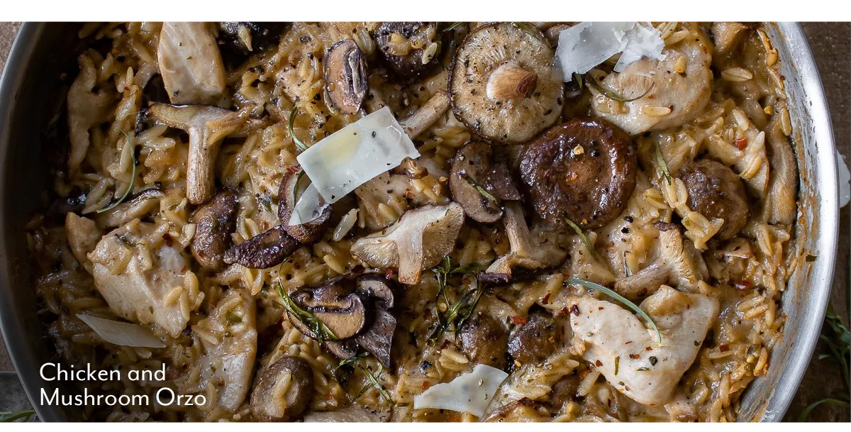 One Skillet Chicken and Mushroom Orzo with Tarragon Sauce