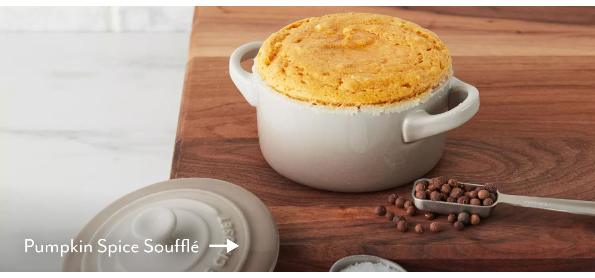 Pumpkin Spice Soufflé with Warm Vanilla Custard Sauce