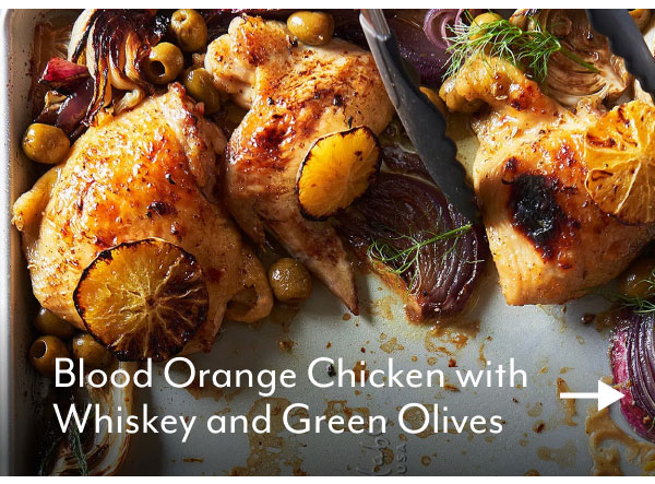 Blood Orange Chicken with Whiskey and Green Olives