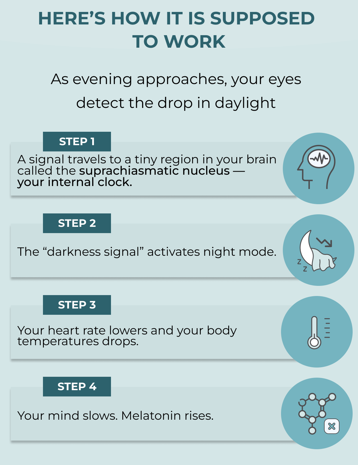 Here is how it is supposed to work. As evening approaches, your eyes detect the drop in daylight. You’re meant to feel calm without effort.  But when bright screens or strong overhead lights hit your eyes at night,  your internal clock gets confused. Turn on your night mode.