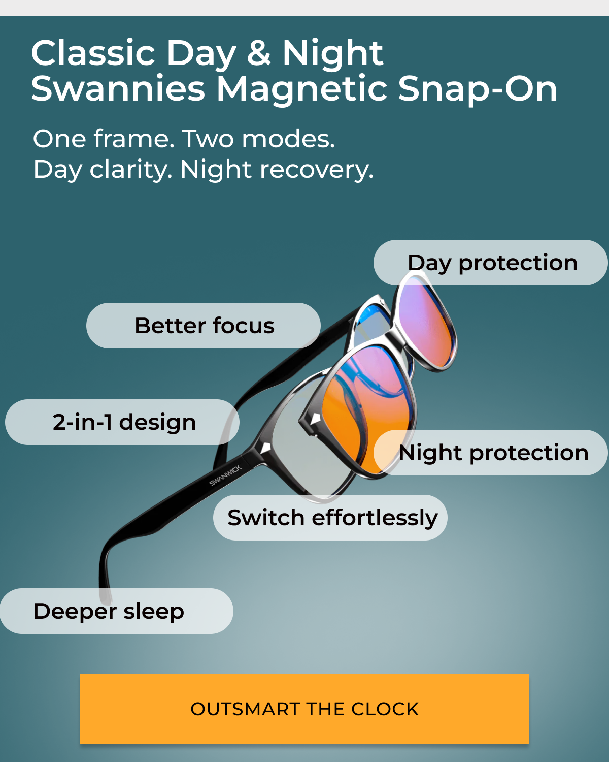 Classic Day & Night Swannies Magnetic Snap-On. One frame. Two modes. Day clarity. Night recovery.