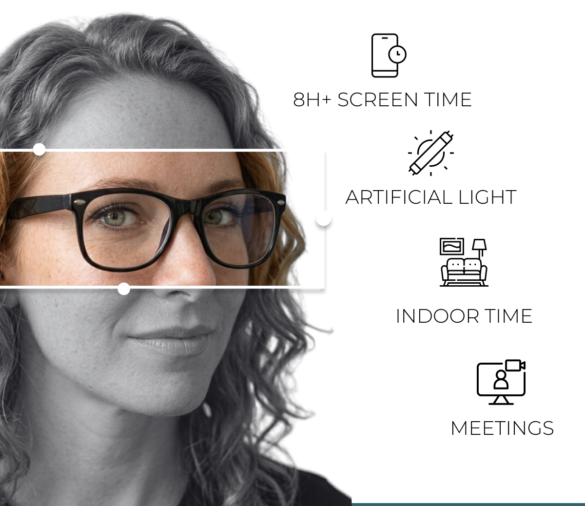 8h+ screen time. Artificial light. Indoor time. Meetings.