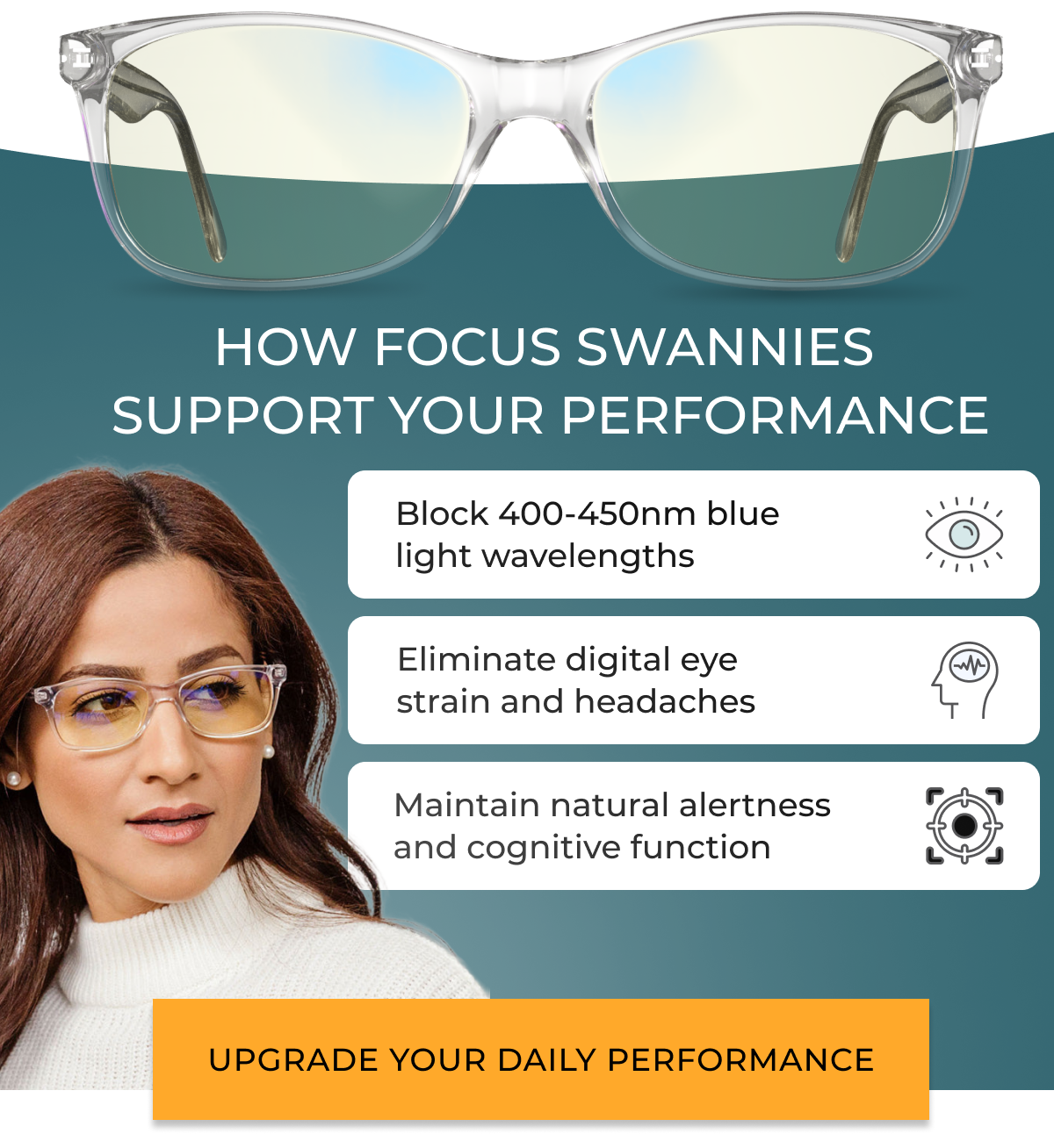 What Focus Swannies do? Block 400-450 nm blue light wavelenghts. Eliminate digital eye strain and headaches. Maintain natural alertness and cognitive function. 