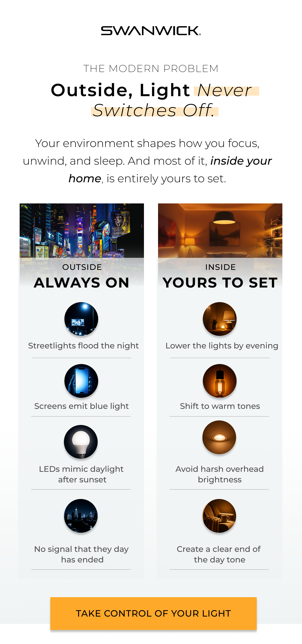 Outside, light never switches off. Your environment shapes how you focus, unwind, and sleep. And most of it, inside your home, is entirely yours to set.