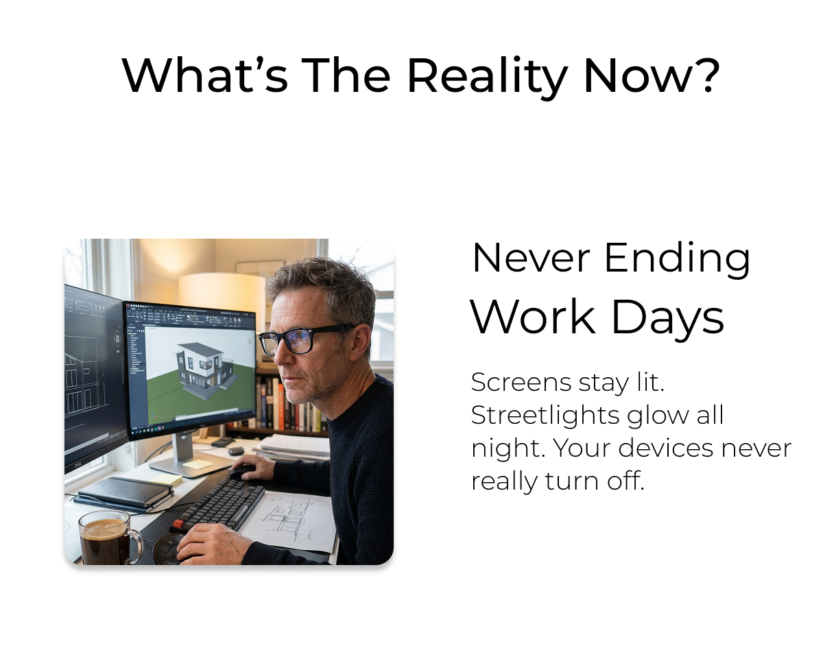 What;s the reality now? Never ending work days. Screens stay lit. Streetlights glow all night. Your devices never really turn off.