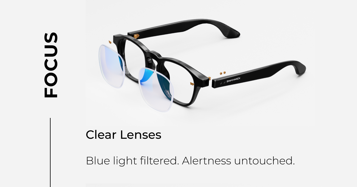 Focus Clear lenses. Blue light filtered. Alertness untouched. 
