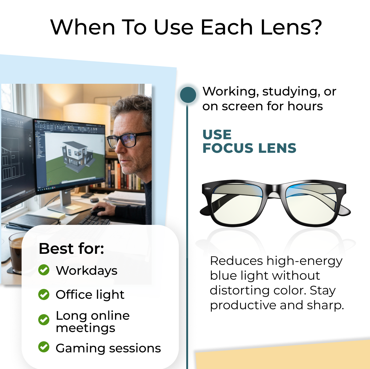 Focus Lens for working, studying or on screen for hours. Reduces high energy blue light without distorting color. Stay productive and sharp.
