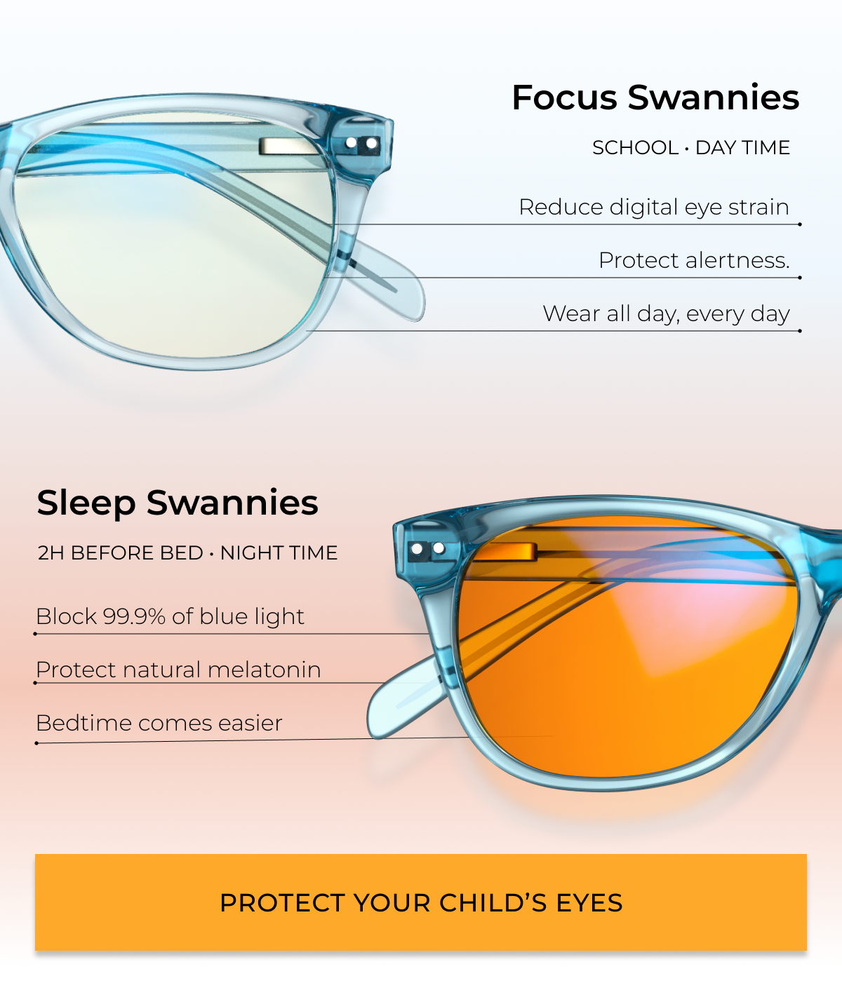 Focus Swannies - School. Day Time. Sleep Swannies - 2h before bed. Night Time. 