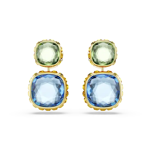Chroma drop earrings, Cushion cut, Multicolored, Gold-tone plated