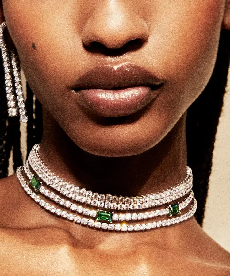 Matrix Tennis necklaces layered on model