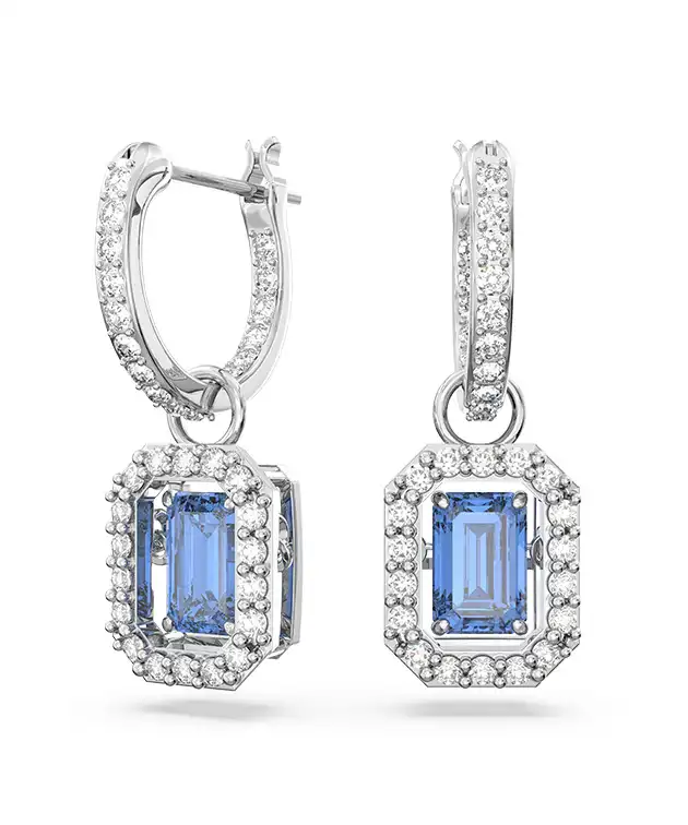 Una drop earrings, Octagon cut, Blue, Rhodium plated