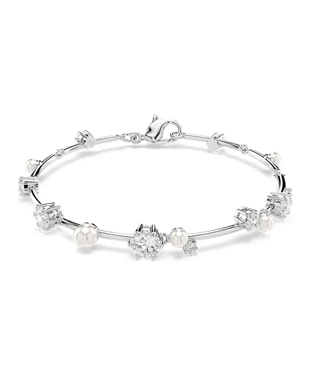 Constella bracelet, Crystal pearl, Round cuts, White, Rhodium plated
