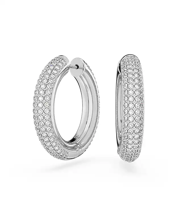 Dextera hoop earrings, Medium, White, Rhodium plated