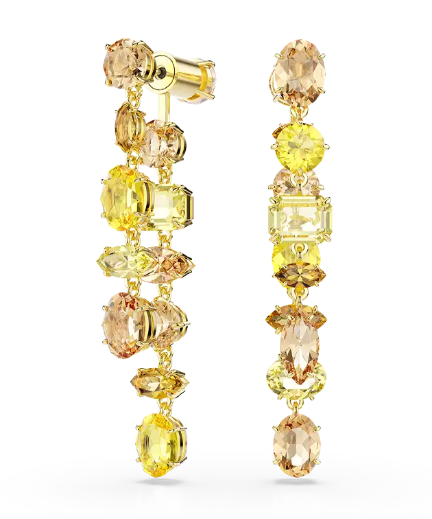 Gema drop earrings, Asymmetrical design, Mixed cuts, Long, Yellow, Gold-tone plated