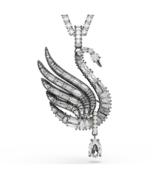 Swan pendant and brooch, Swan, White, Ruthenium plated