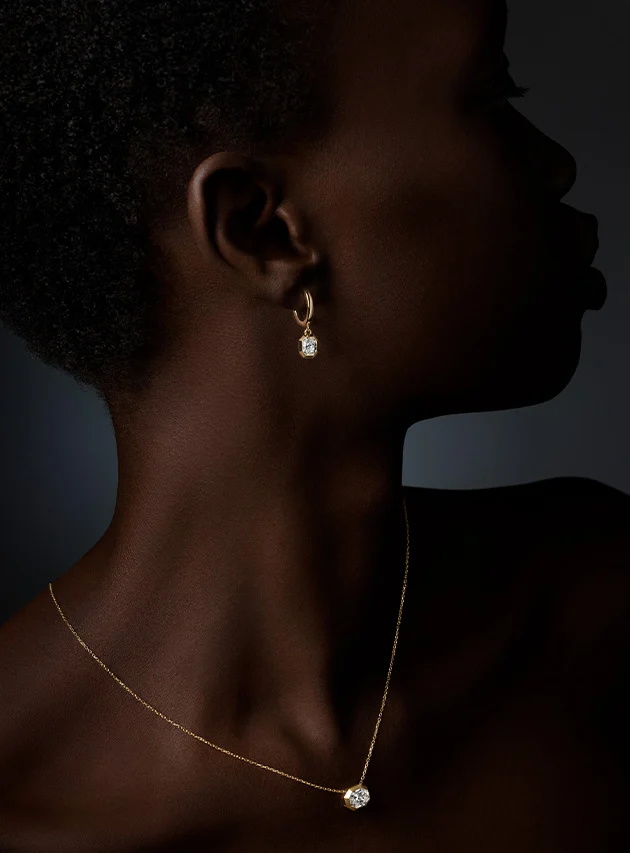Model wearing Swarovski Octagon earrings and pendant