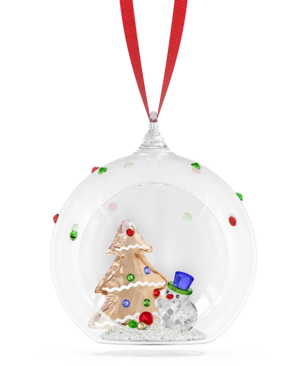 Holiday Cheers Tree and Snowman Ball Ornament with red ribbon