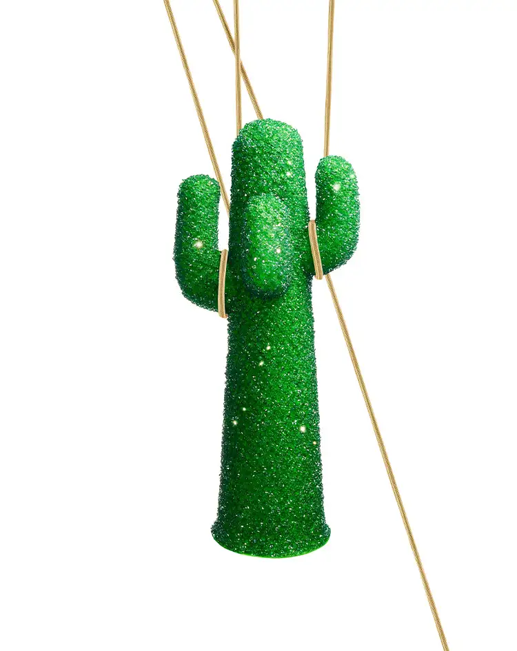 Crystallized cactus hanging from cords