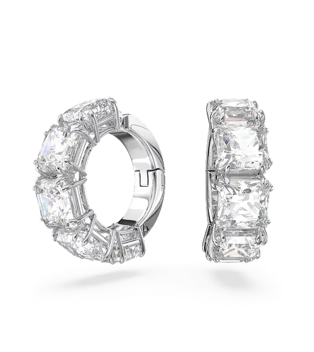 Matrix clip earrings, Square cut, White, Rhodium plated