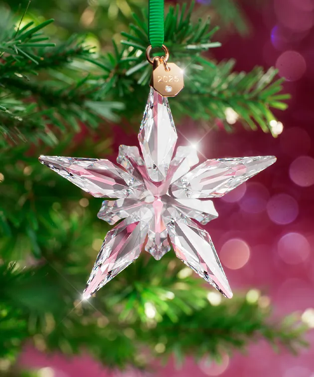 The Swarovski Annual Edition Ornament hanging from a tree