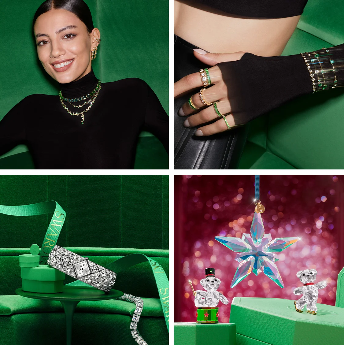 Models wearing Swarovski jewelry on green backgrounds, Swarovski Curiosa bangle watch, Swarovski Annual Edition Ornament 2025 and Kris Bear Holiday Annual Edition 2025