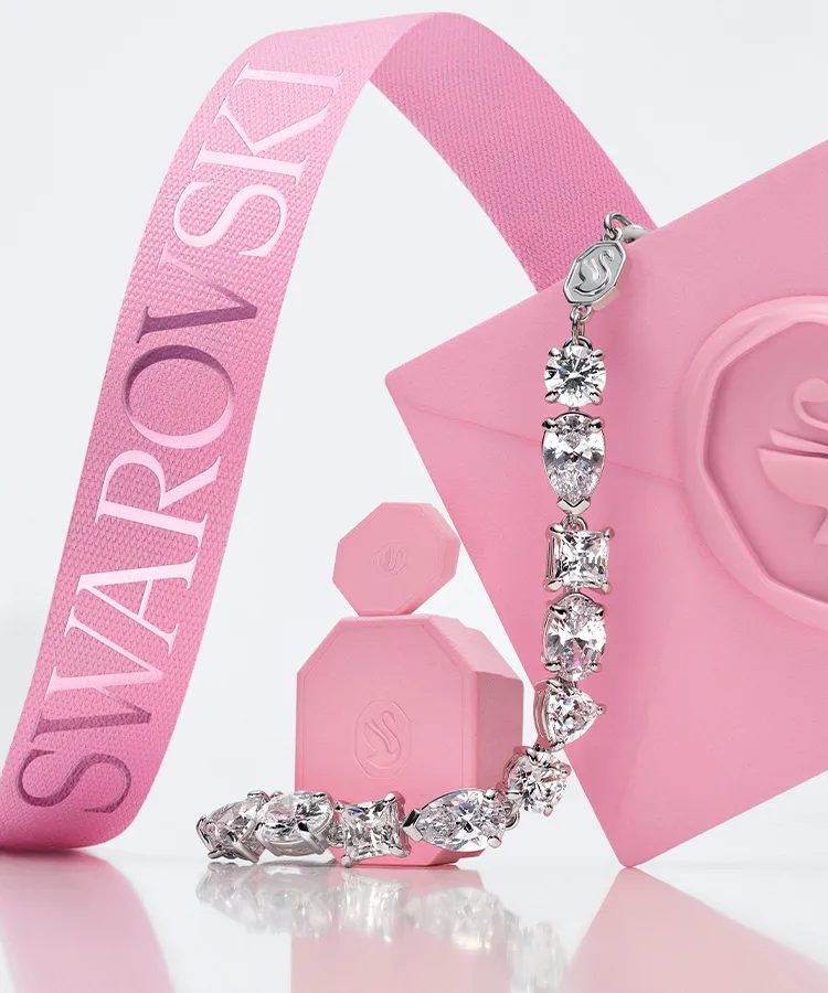 Swarovski jewelry with pink gift boxes