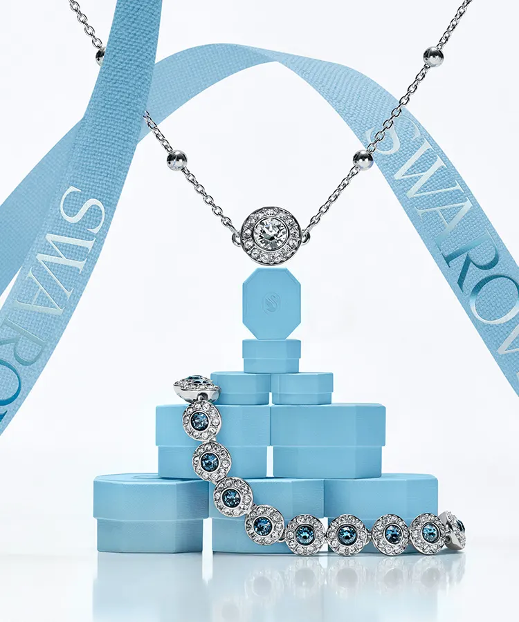 Swarovski jewelry with blue gift boxes